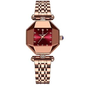 Relógio Feminino De Quartzo Casual Design Criativo Em Aço Inoxidável à Prova D´agua Vermelho Dourado
