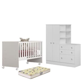 Dormitório Infantil Doce Sonho Guarda Roupa Com Cômoda, Berço Reto Branco E Colchão Supreme - Qmovi Branco