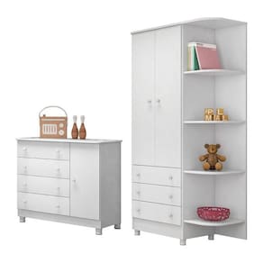 Jogo De Quarto Doce Sonho Guarda Roupa 2 Portas E Cômoda 1 Porta Branco Com Pés - Qmovi Branco