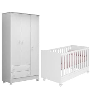 Jogo De Quarto Doce Sonho Guarda Roupa 3 Portas E Berço Mini Cama Branco Com Rodízio - Qmovi Branco