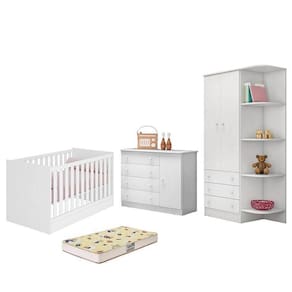 Dormitório Infantil Doce Sonho 2 Portas, Cômoda 1 Porta, Berço Mini Cama Branco E Colchão - Qmovi Branco