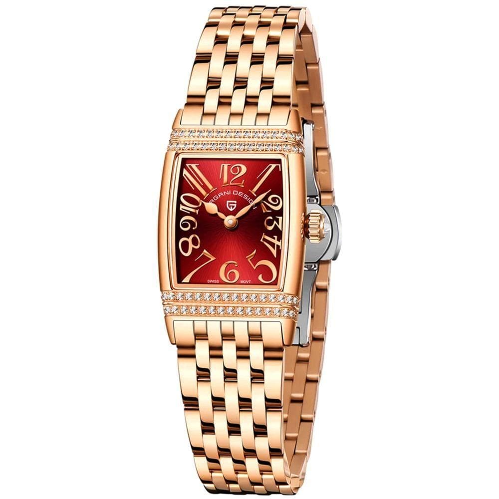 Relógio Feminino Quartzo Design Fino Elegante Com Strass Em Aço Inoxidavel Impermavel Vermelho Dourado