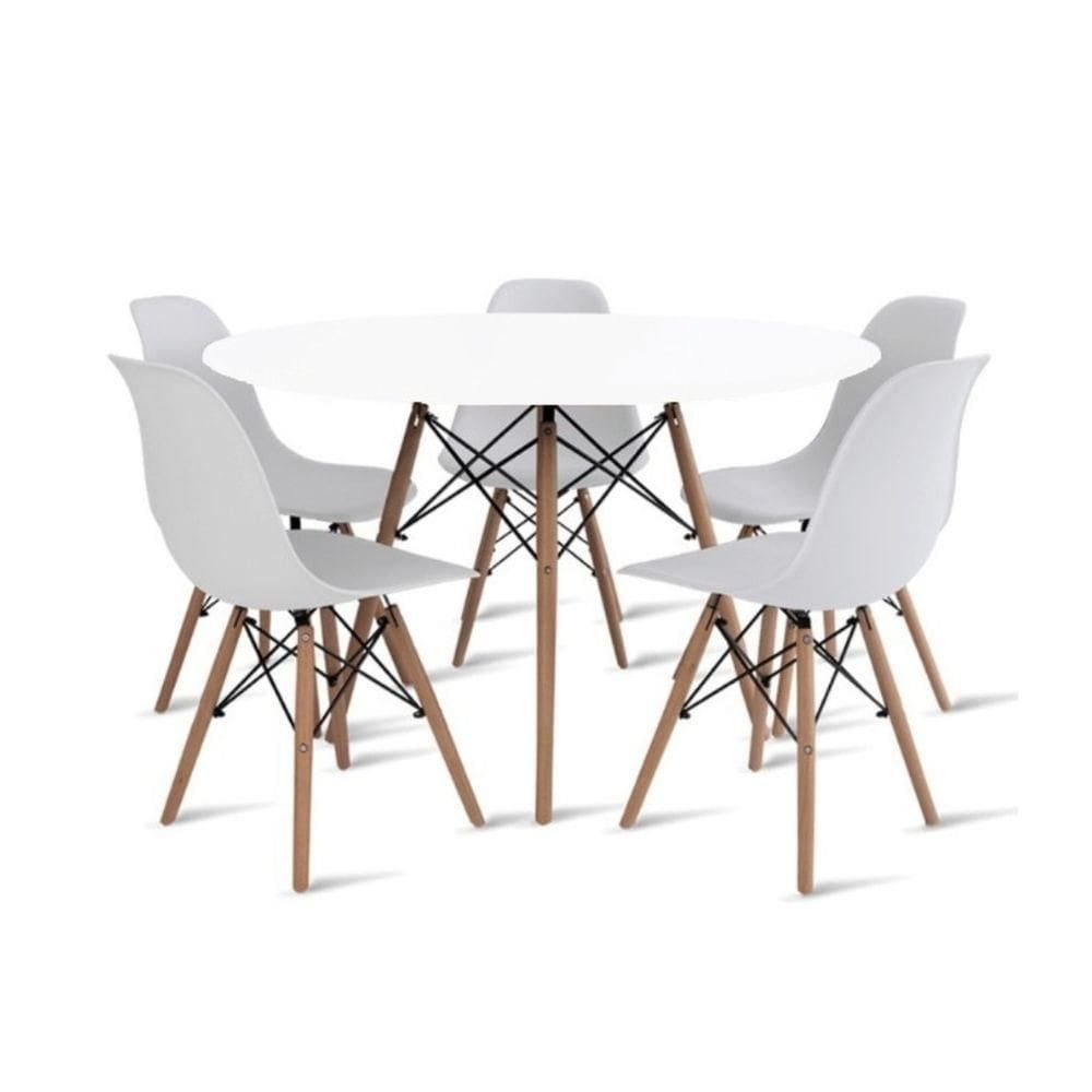 Conjunto De Mesa De Jantar Eames Eiffel Redonda 100cm Tampo De Madeira Com 5 Cadeiras - Branco
