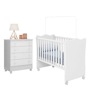 Jogo De Quarto Infantil Doce Sonho Cômoda 4 Gavetas E Berço Branco Com Rodízio - Qmovi Branco