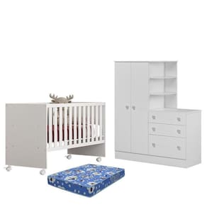 Dormitório Infantil Doce Sonho Guarda Roupa Com Cômoda, Berço Reto Branco E Colchão Physical - Qmovi Branco