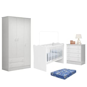 Dormitório Infantil Doce Sonho 3 Portas, Cômoda 4 Gavetas E Berço Branco Com Colchão - Qmovi Branco