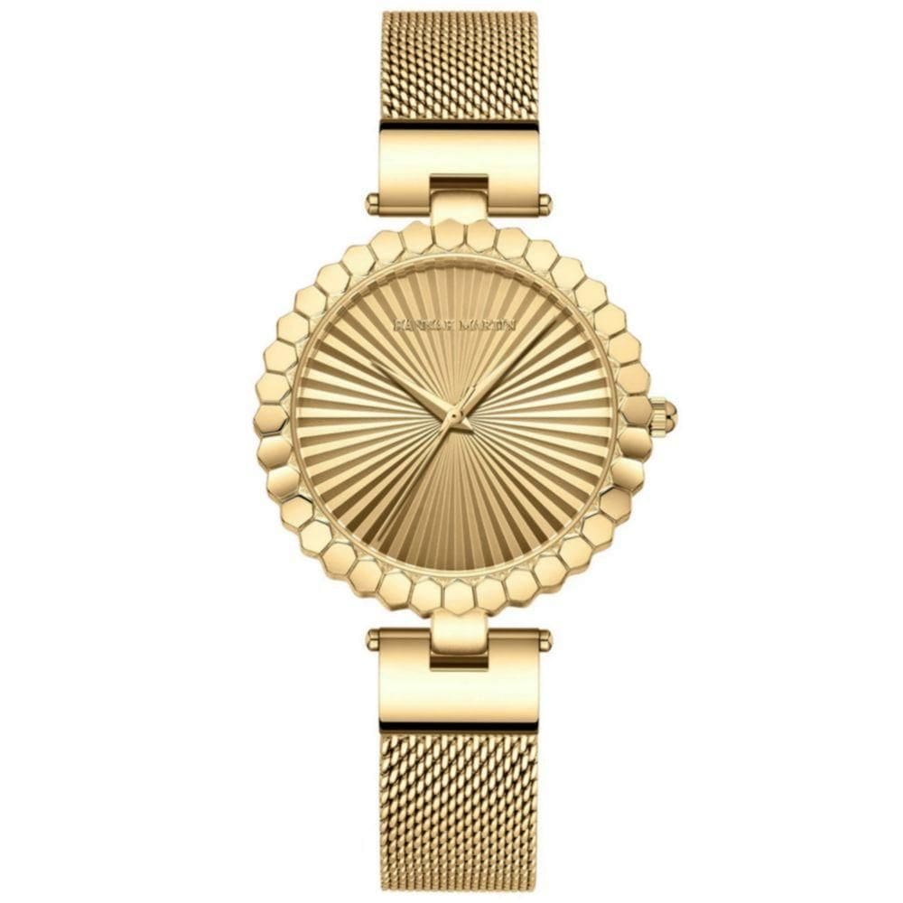Relógio Feminino Movimento Quartzo Pulseira Em Malha De Aço Inoxidável Casual Dourado