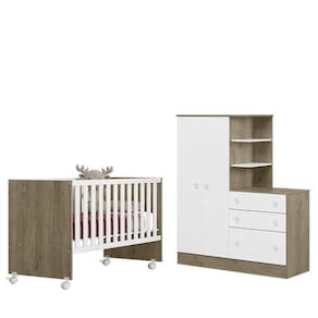 Dormitório Infantil Doce Sonho Guarda Roupa Com Cômoda E Berço Reto Carvalho/branco - Qmovi Carvalho/branco