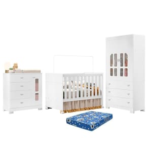 Dormitório Infantil New Katatau Guarda Roupa, Cômoda E Berço Branco Brilho Com Colchão Baby Physical - Reller Móveis Branco Brilho