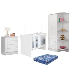 Dormitório Infantil Doce Sonho 2 Portas, Cômoda 4 Gavetas E Berço Branco Com Colchão - Qmovi Branco