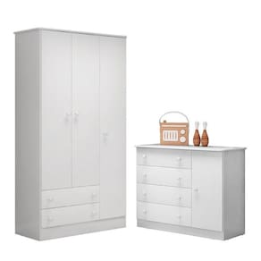 Jogo De Quarto Infantil Doce Sonho Guarda Roupa 3 Portas E Cômoda 1 Porta Branco - Qmovi Branco