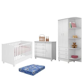 Dormitório Doce Sonho 2 Portas, Cômoda 1 Porta, Berço Mini Cama Branco Com Rodízio E Colchão - Qmovi Branco