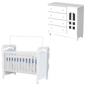 Berço Americano New Nanda E Cômoda Infantil Selena Branco Brilho – Carolina