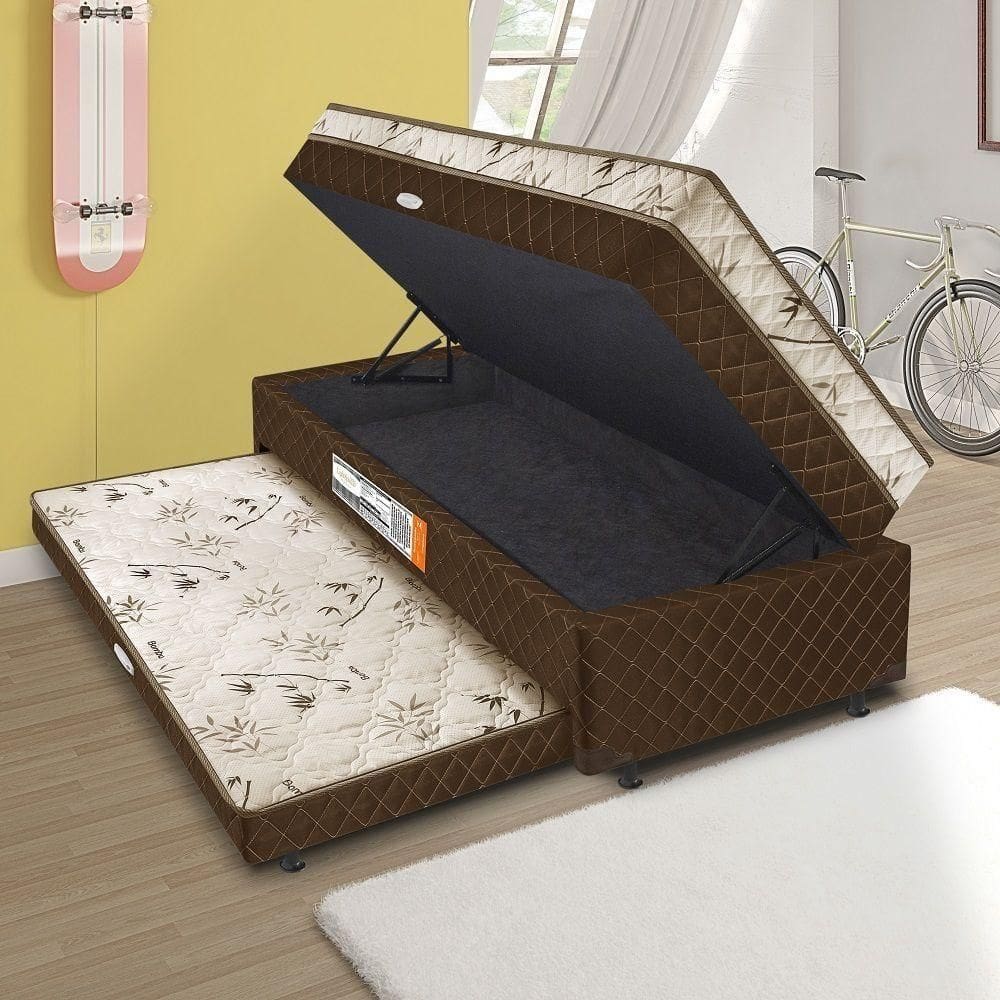 Cama Box Baú Solteiro Conjugada Com Mola Com Cama Auxiliar - Marrom