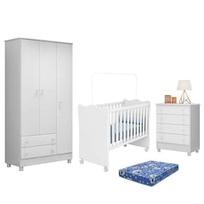 Dormitório Doce Sonho 3 Portas, Cômoda 4 Gavetas, Berço Branco Com Rodízio E Colchão - Qmovi Branco