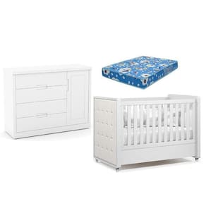 Berço Americano Com Capitonê New Boucle E Cômoda Infantil Tutto New Branco Acetinado E Colchão Ortobom - Matic