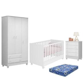 Dormitório Doce Sonho 3 Portas, Cômoda 4 Gavetas, Berço Mini Cama Branco Com Rodízio E Colchão - Qmovi Branco