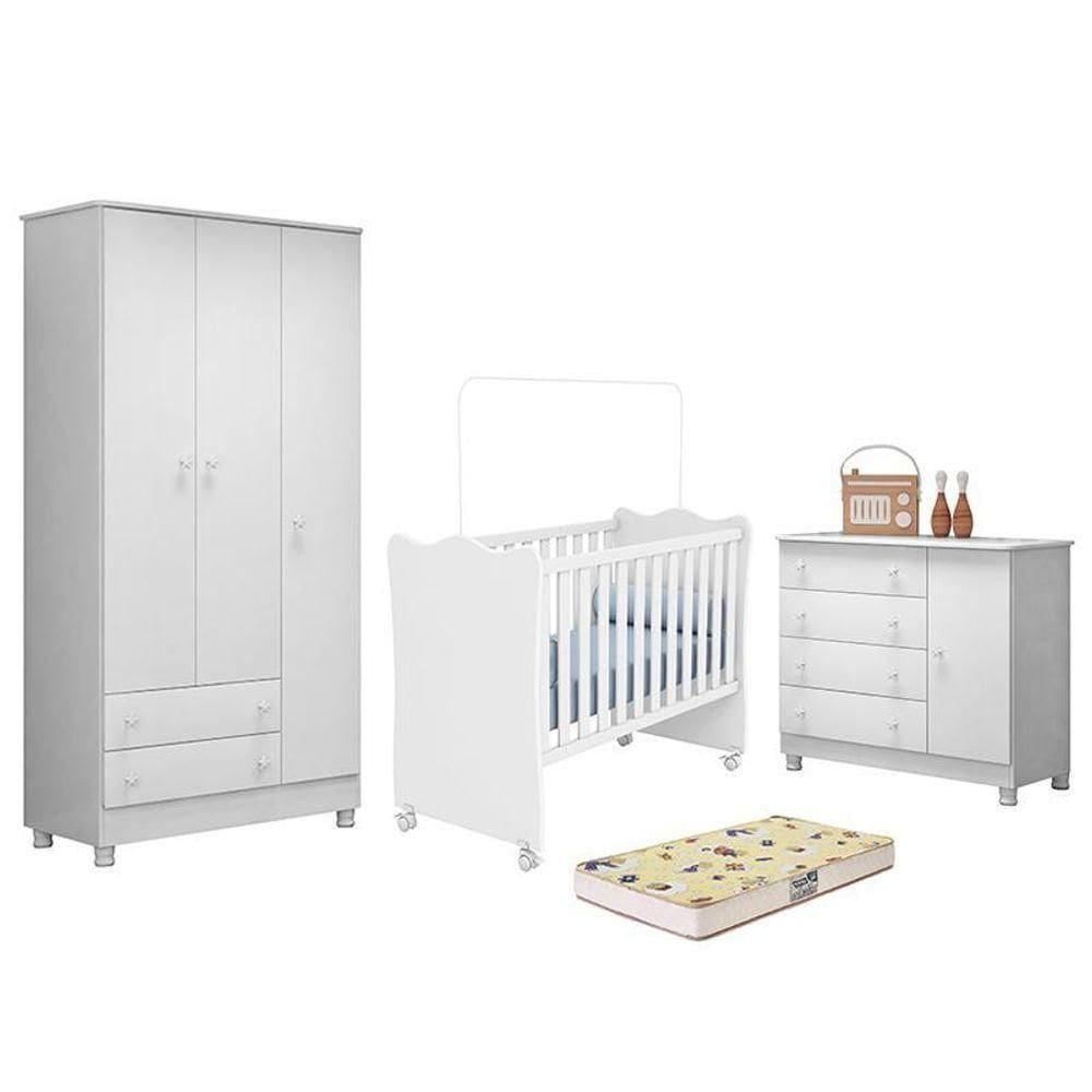 Dormitório Doce Sonho 3 Portas, Cômoda 1 Porta, Berço Branco Com Rodízio E Colchão D18 - Qmovi Branco