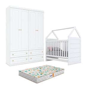Berço Montessoriano Americano E Guarda Roupa Infantil Mississipi 4 Portas Branco Com Colchão Gazin - Henn