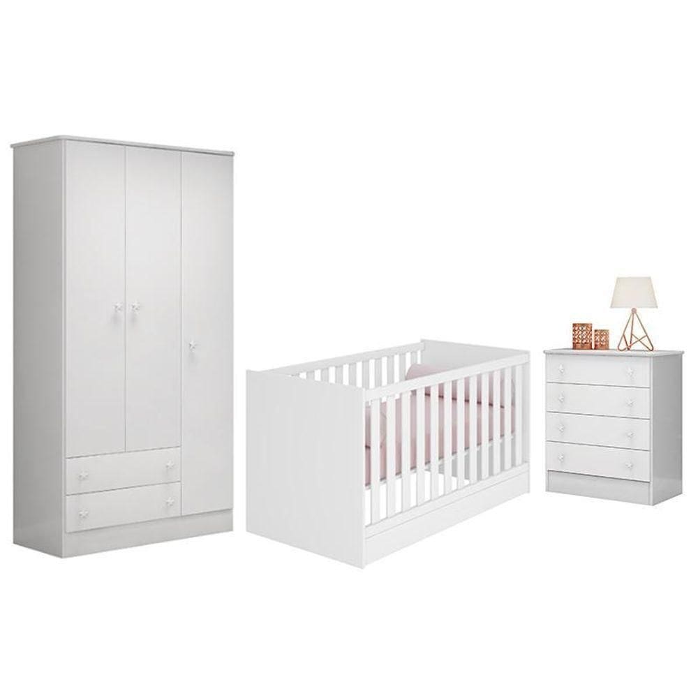 Dormitório Infantil Doce Sonho 3 Portas, Cômoda 4 Gavetas E Berço Mini Cama Branco - Qmovi Branco