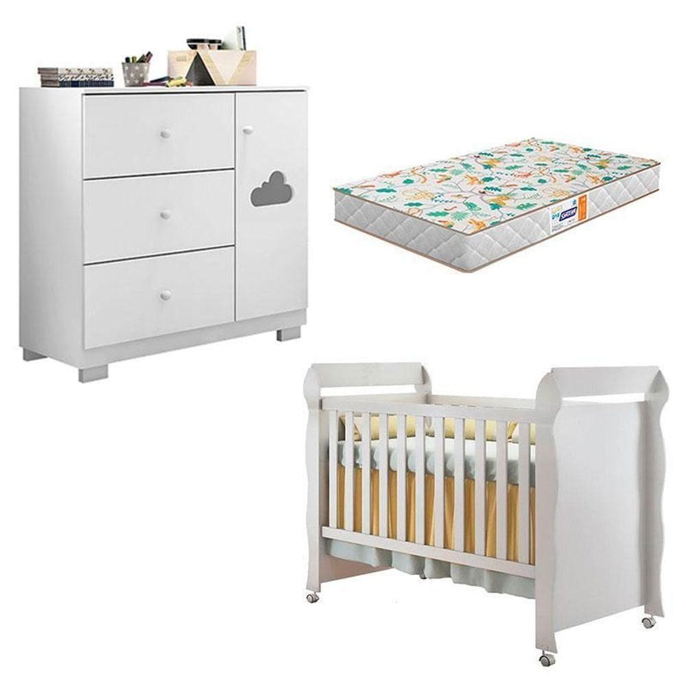 Berço Americano Mirelle E Cômoda Infantil Ane Branco Brilho Com Colchão Gazin – Phoenix Baby