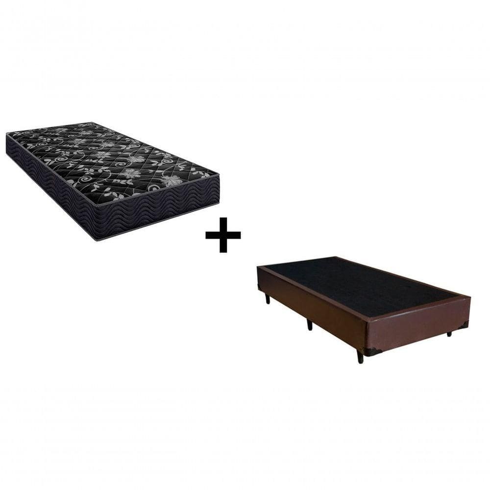 Cama Box Solteiro 88 Tecido Sintético Marrom Com Colchão Lisboa Bello Box Espuma D28 Preto