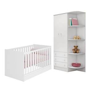 Jogo De Quarto Infantil Doce Sonho Com Guarda Roupa 2 Portas E Berço Mini Cama Branco - Qmovi Branco