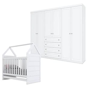 Berço Montessoriano E Guarda Roupa Infantil Americano 6 Portas Branco - Henn