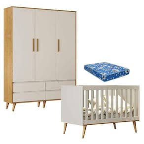 Berço Americano Ludmila E Guarda Roupa Infantil Lorena 3 Portas Off White Bétula Com Colchão Ortobom - Carolina Baby