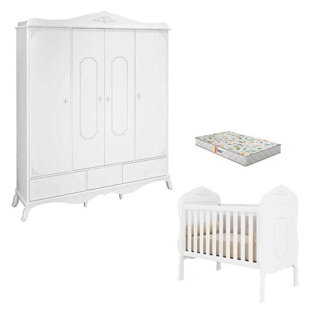 Berço Americano E Guarda Roupa Realeza Branco Acetinado Com Colchão Gazin – Canaã