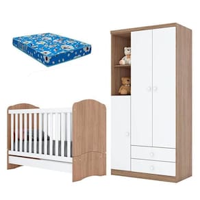 Berço Bala De Menta E Guarda Roupa Infantil Pique-esconde Rústico Branco Com Colchão Ortobom - Henn