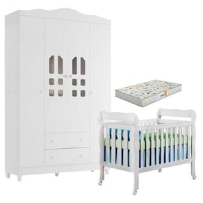 Berço Americano Lila E Guarda Roupa Infantil New Selena 4 Portas Branco Brilho Com Colchão Gazin – Carolina Móveis