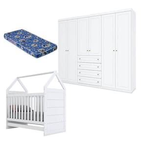 Berço Montessoriano E Guarda Roupa Infantil Americano 6 Portas Branco Com Colchão Ortobom - Henn