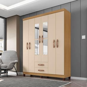 Guarda Roupa Casal Ambiente Mogi Com Espelho 6 Portas Carvalho Americano Off White - Incorplac