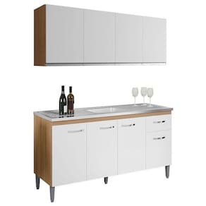 Balcão De Pia Gabriela 150cm E Armário Aéreo Andréia Amêndoa Branco - Ajl