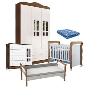 Quarto De Bebê Ariel 3 Portas Berço Mirelle Com Colchão E Cama Babá Julia Branco Acetinado Amadeirado – Carolina