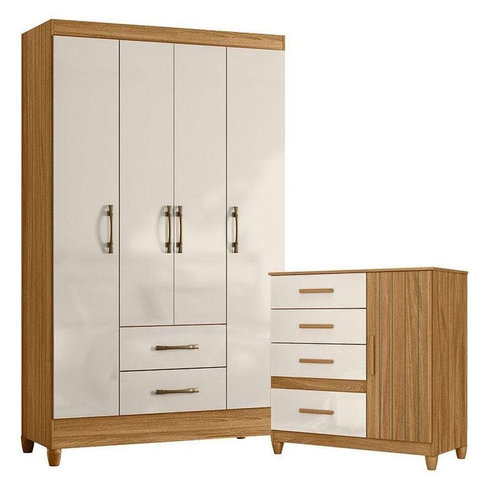 Guarda Roupa Solteiro Paraty E Cômoda Vênus Com Pés Freijó Off White - Moval