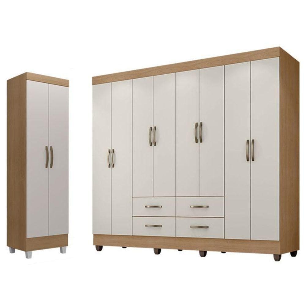 Guarda Roupa Casal Porto E Armário Multiuso Lite Natuire Off White – Leão