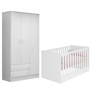 Jogo De Quarto Infantil Doce Sonho Guarda Roupa 3 Portas E Berço Mini Cama Branco - Qmovi Branco