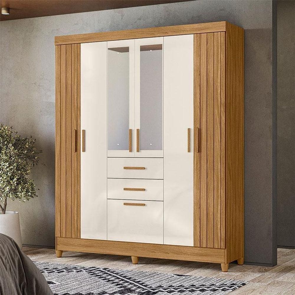 Guarda Roupa Solteiro Ambiente Malta 7 Portas Freijó Off White Com Espelho - Moval