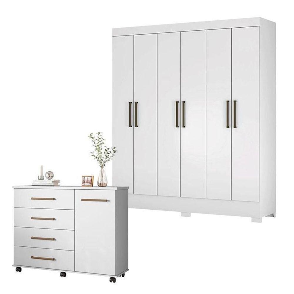 Cômoda Flora E Guarda Roupa Casal Verso Branco - Demóbile