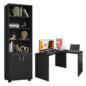 Mesa Para Computador Gávea Com Extensora E Livreiro Office Com Portas Pequenas Preto Trama - Móveis Leão