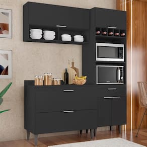 Armário De Cozinha Com Tampo Cp02 160cm Pérola Preto Z34 - Mpozenato