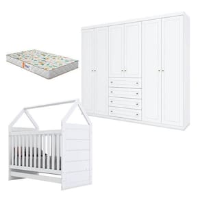 Berço Montessoriano E Guarda Roupa Infantil Mississipi 6 Portas Branco Com Colchão Gazin - Henn