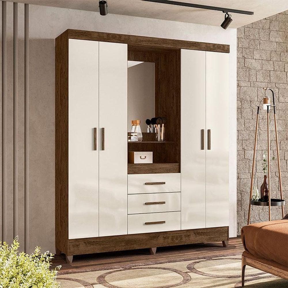 Guarda Roupa Casal Capelinha Ambiente Capri 4 Portas Castanho Wood Off White Com Espelho - Moval