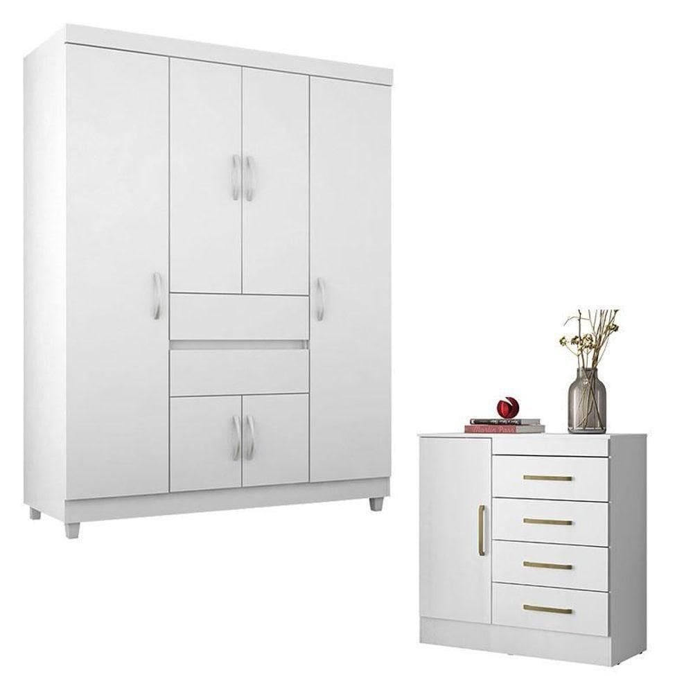 Cômoda Montevidéu E Guarda Roupa Solteiro Ecom 2 Branco - Demóbile