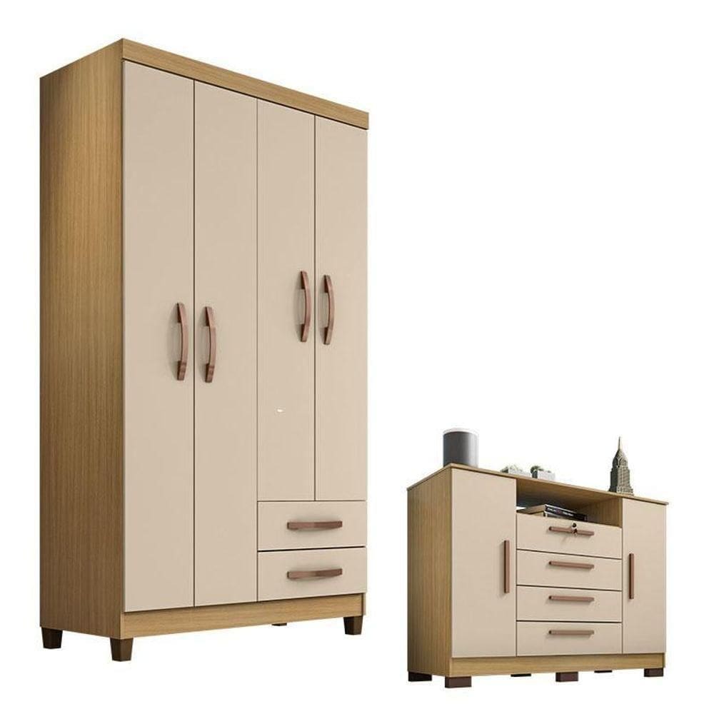 Guarda Roupa Solteiro Modena 4 Portas E Cômoda Madri Carvalho Americano Off White – Incorplac