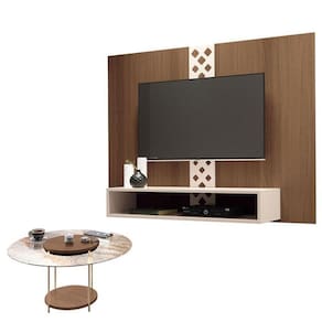 Painel Para Home Suspenso Form Com Mesa De Centro Sky Com Tampo De Vidro Castanho Off White – Hb Móveis