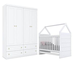 Berço Montessoriano E Guarda Roupa Infantil Americano 4 Portas Branco - Henn