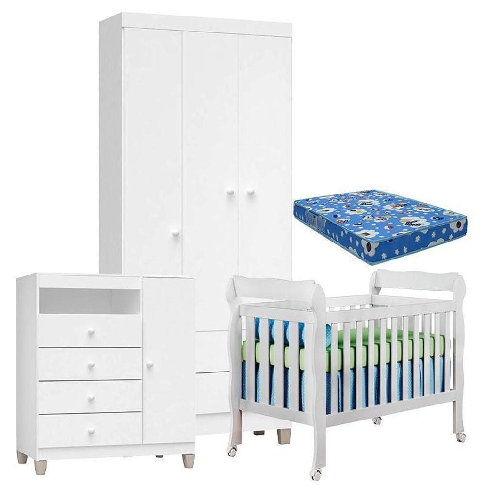 Quarto De Bebê 3 Portas Ternura Baby Com Berço Lila Branco Brilho Com Colchão - Incorplac